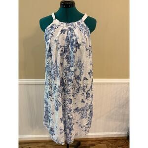 Bellambra Womens Medium Dress 100% Linen White Blue Floral Butterfly Halter Tie